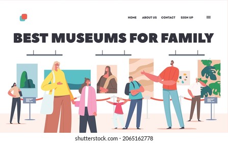 Die besten Museen für Familien Landing Page Template. Ausstellungsbesucher Eltern mit Kindern Anschauung berühmter Gemälde, die auf Mauern auf der Ausstellung für zeitgenössische Kunstgalerie ausgestellt sind. Vektorgrafik von Cartoon People