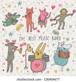 The best music band. Cartoon animals playing on various musical instruments - drums, accordion, flute, trumpet in vector