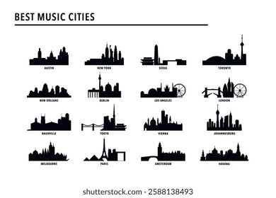 Best music cities index - logo, icon pack with skylines of Nashville, Austin, New York, New Orleans, Toronto, Seoul, Berlin, Vienna, London, Los Angeles, Tokyo, Paris. Vector bundle rating image