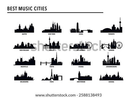 Best music cities index - logo, icon pack with skylines of Nashville, Austin, New York, New Orleans, Toronto, Seoul, Berlin, Vienna, London, Los Angeles, Tokyo, Paris. Vector bundle rating image