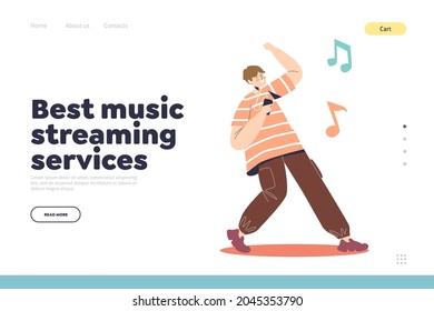 Best music streaming services concept of landing page with boy listen song in earphones from mobile phone application happy dancing. Man enjoy favorite song. Cartoon flat vector illustration