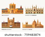 Best National Universities. Flat Buildings of Yale, Oxford, Cambridge   and Princeton .Vector Illustration. 