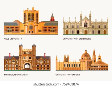 Best National Universities. Flat Buildings of Yale, Oxford, Cambridge   and Princeton .Vector Illustration. 