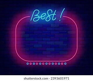 Best neon advertising. Pink vintage frame. First class concept. Winning and surprise. Shiny announcement. Glowing lettering. Light banner. Copy space. Bright flyer. Editing text. Vector illustration