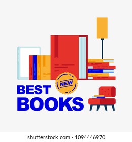 Best new books. Lamp, chair and several books without background. To illustrate the review of book novelties and bestselling book.