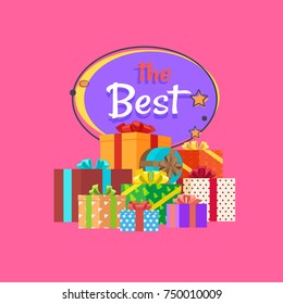 The best night sale banner with abstract moon and stars vector poster isolated on pink background with piles of presents gift boxes in color wrapping