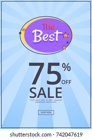 The best night sale banner with moon and stars 75 percent off vector poster isolated on blue with rays. Best price offer at midnight clearance shop now