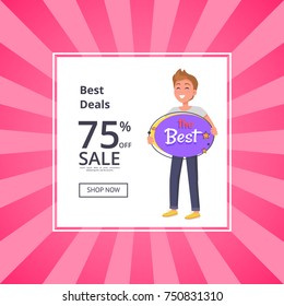 The best night sale banner with moon and stars 75 percent off vector poster with smiling man. Best price offer at midnight clearance shop now