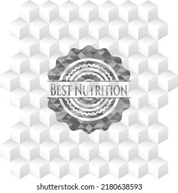 Best Nutrition grey badge with geometric cube white background. 