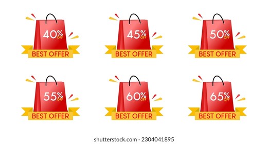 Best Offer 40, 45, 50, 55, 60 and 65% off. Offer banner for e-commerce or social media. White background with shopping bag, font Louis George Café Bold