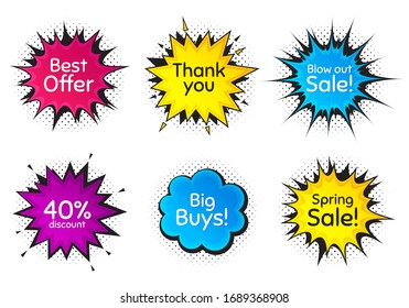  Mejor oferta, 40% de descuento y venta de primavera. Burbuja del discurso cómico. Gracias, hola y sí frases. Venta de texto de compra. Mensajes de chat con frases. Colorida burbuja de lenguaje cómico. Vector