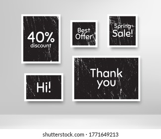 Best offer, 40% discount and spring sale. Black photo frames with scratches. Thank you phrase. Sale shopping text. Grunge photo frames. Images on wall, retro memory album. Vector