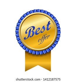 Best offer award ribbon icon. Gold blue sign isolated white background. Golden badge choice reward. Symbol win celebration. Decoration medal success, advantage, competition quality Vector illustration