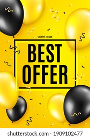Best offer. Balloon celebrate background. Special price Sale sign. Advertising Discounts symbol. Birthday balloon background. Celebrate yellow banner. Party frame message. Vector
