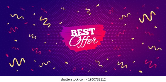 Best offer banner. Festive confetti background with offer message. Discount sticker shape. Sale coupon bubble icon. Best advertising confetti banner. Best offer badge shape. Vector