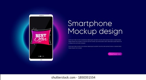 Best offer banner. Mobile phone vector mockup. Discount sticker shape. Sale coupon bubble icon. Smartphone mockup template. Best offer banner. Phone screen frame. Neon background. Vector