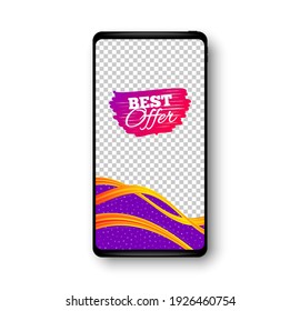 Best offer banner. Phone mockup vector banner. Discount sticker shape. Sale coupon bubble icon. Social story post template. Best offer badge. Cell phone frame. Liquid modern background. Vector