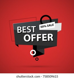 Best offer banner template in business origami style on deep red background