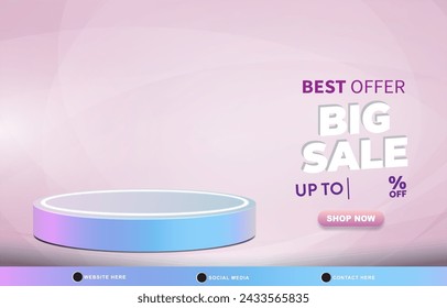 best offer big sale dscount template banner with blank space 3d podium for product sale with abstract gradient blue and purple background design