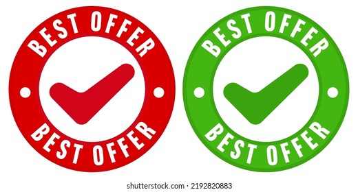 Best offer checkmark sale sticker red and green template. Approved free service, guaranteed low price, great bargain badge design vector illustration isolated on white background