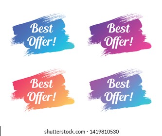 best offer color promo lettering. best offer stock vector illustrations with painted trendy gradient brush strokes for advertising labels, stickers, banners, leaflets, badges, tags, posters