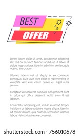 Best offer with convenient prices promo poster with sample text and bright logotype with sign and stars inside rectangular frame vector illustration.