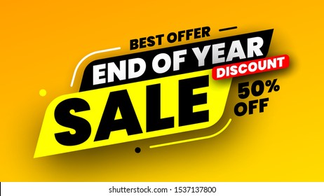 Best offer end of year sale banner, discount 50%. Vector illustration.