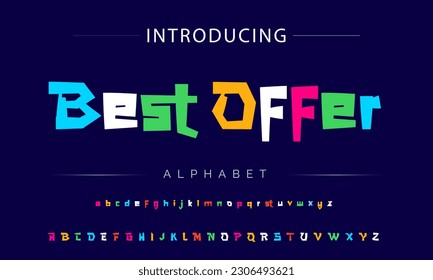 Best Offer Funky colorful cartoon font type. Vector alphabet