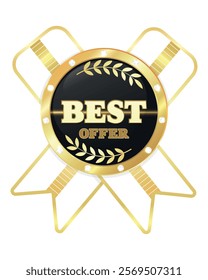 Best Offer Golden Badge, Lable, Emblem, Ribbon, Diamonds, White, Black, Golden Gradient, Sale, Vector Illustration