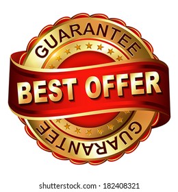Best offer guarantee golden label with ribbon.  Vector illustration.