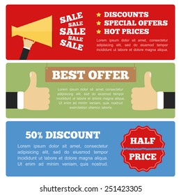 Best offer, half price and sale banners, flat design, vector eps10 illustration 