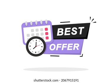 Best Offer icon. Logo design with time and text. Best Offer, limited sale offer promo stamp. Promo label with best offer and limited time on clock. Vector