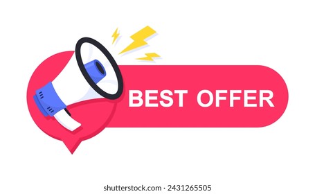 Best Offer icon on white background. Logo design with megaphone and text. The loudspeaker screams best offer. Best offer, limited sale offer promo stamp with megaphone. Vector