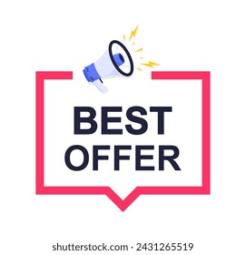 Best Offer icon on white background. Logo design with megaphone and text. The loudspeaker screams best offer. Best offer, limited sale offer promo stamp with megaphone. Vector