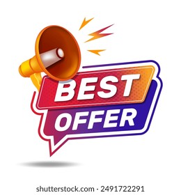 Best Offer icon on white background. Logo design with megaphone and text. The loudspeaker screams best offer. Best offer, limited sale offer promo stamp with megaphone.
