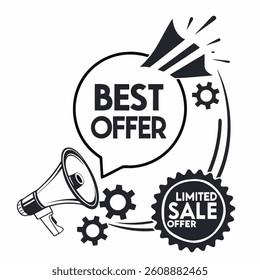 Best Offer icon on white background. Logo design with megaphone and text. The loudspeaker screams best offer. Best offer, limited sale offer promo stamp with megaphone. Eps file