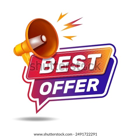 Best Offer icon on white background. Logo design with megaphone and text. The loudspeaker screams best offer. Best offer, limited sale offer promo stamp with megaphone.
