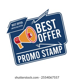 Best Offer icon with white background. Logo design with megaphone and text.  limited sale offer promo stamp