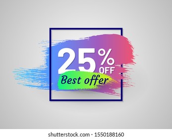 Best offer label in shape of paintbrush stroke. 25 percent off sticker. Colorful retail tag for promotion. Flat gradient design with shadow. Commercial advertisement and product announcement.