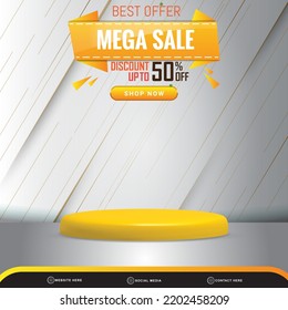 best offer mega sale banner social media template post with blank space 3d podium for product with abstract white and silver gradient background design