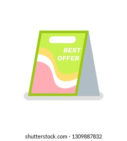 Best offer, outdoor indoor sidewalk sign board. Standard advertising stand banner shield display isolated vector icon. Board with advertisement, green and pink