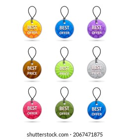 Best offer, Best price tags. Set of glossy colored tags. Vector illustration.  Luxury design collection for Promotion, Sale and Discounts.
