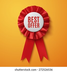 Best Offer, Realistic Red Fabric Award Ribbon, On Orange Background. Badge. Vector Illustration