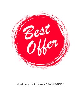 Best Offer red label. Circle tag big special offer. Red price mark isolated on white background. Sale banners on grunge style. Discount, marketing concept. Promotion sticker for store, market. Vector.