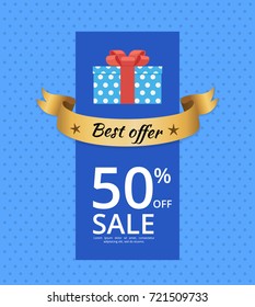 Best offer and sale banner with text and light blue background. Isolated vector illustration of gift box with polka dot wrapping paper and red bow