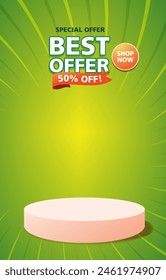 best offer sale discount portait template banner with blank space 3d podium for social media feed product sale with abstract gradient green and yellow background design12