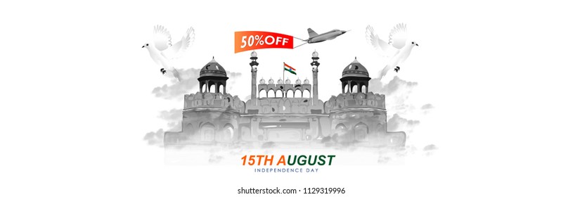 Best Offer Sale and Discount, Sale Poster, Banner, Flyer, 50% Off with Saffron and Green colour brush stroke for 15th of August or Independence Day of India with  creative design illustration