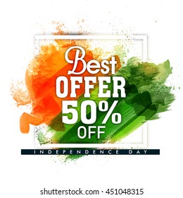 Best Offer Sale and Discount, Sale Poster, Banner, Flyer, 50% Off with Saffron and Green colour brush stroke for Indian Independence Day celebration.