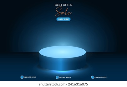 best offer sale discount template banner with blank space 3d podium for product sale with abstract gradient dark blue background design