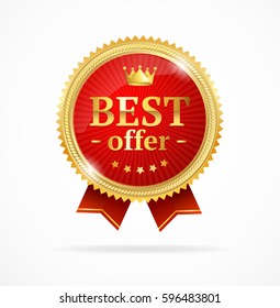 Best Offer Sale Label Gold Metal Badge with Red Ribbon Design Element. Vector illustration